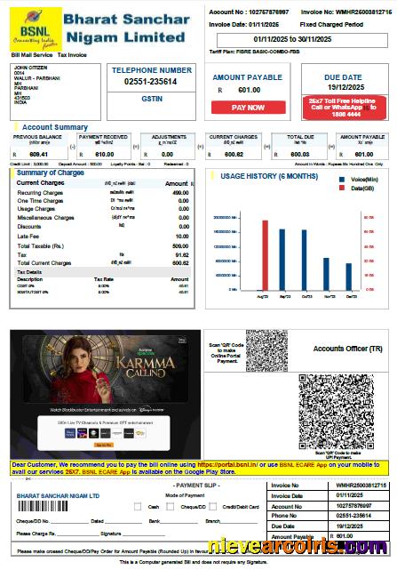 India Bharat Sanchar Nigam utility bill, version 3